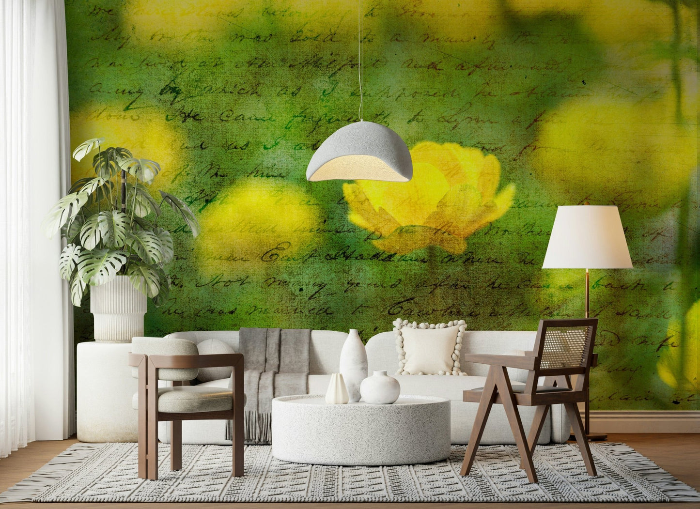 Wall mural Golden Bloom Script, blurry light over vibrant petals.