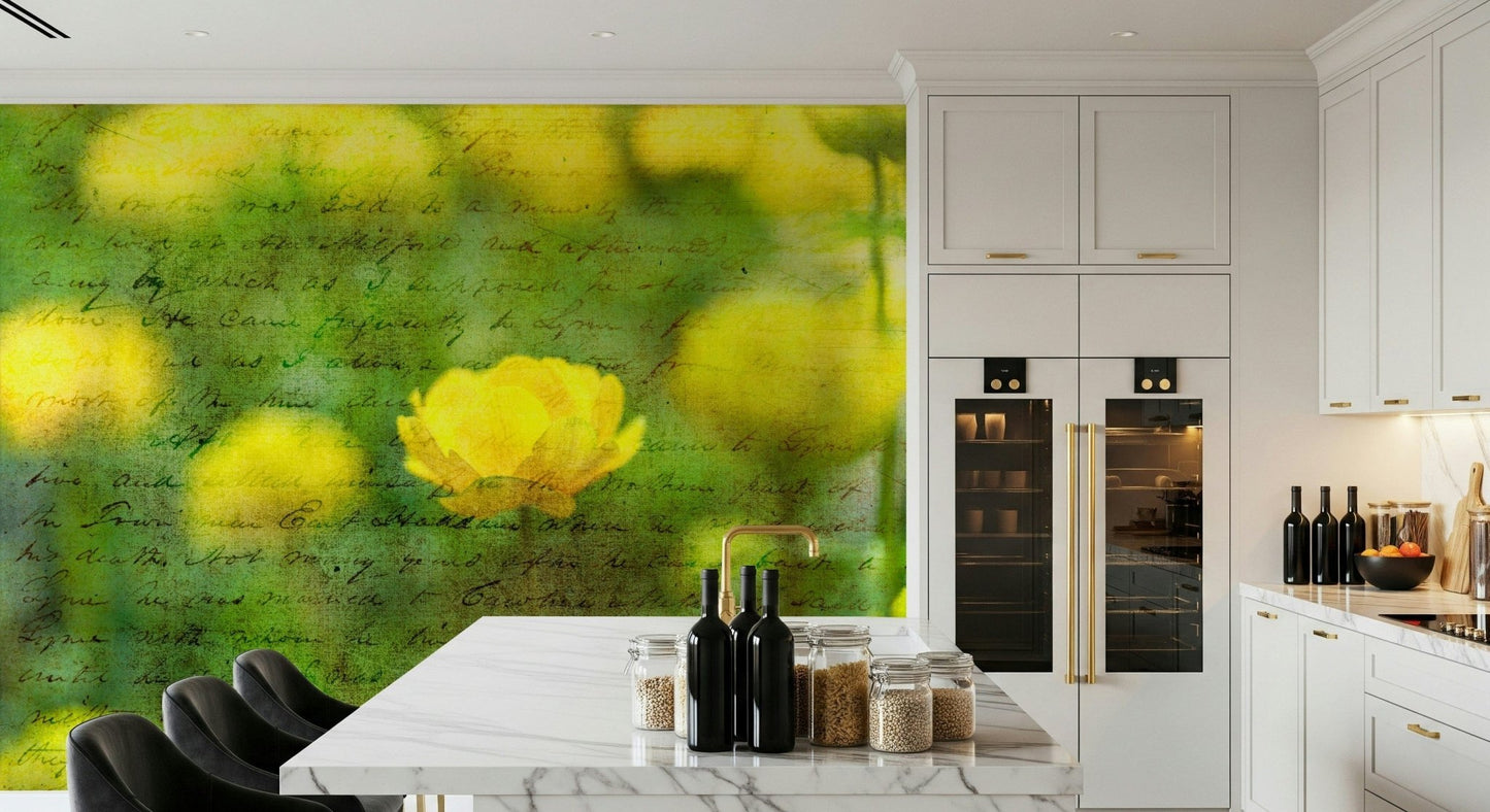 Artistic Golden Bloom Script wall paper, handwritten text overlay.