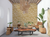 Rich ochre floral wall mural, Golden Soft Blossom, opulent living area feature.
