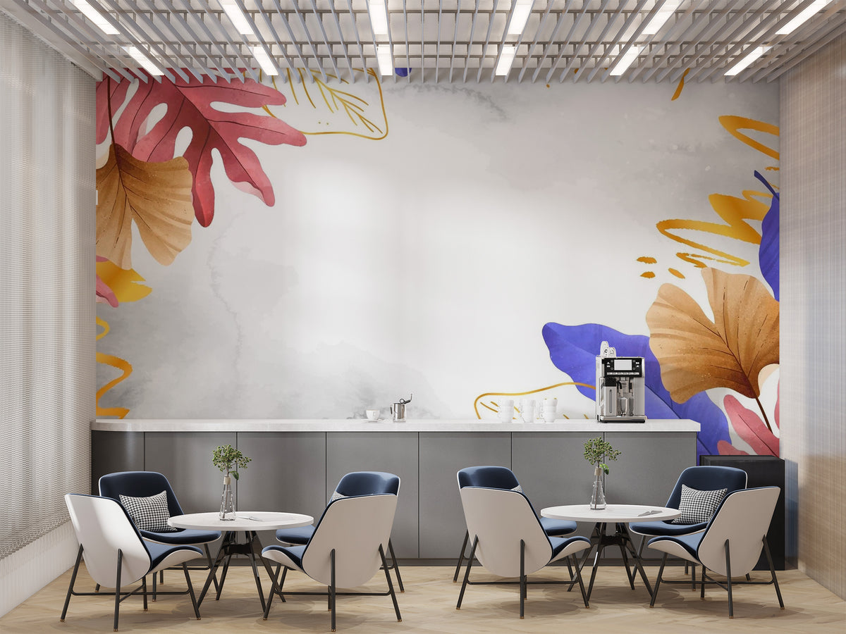 Golden Blue and Pink Leaves wallpaper mural shown as a full feature wall that highlights the design