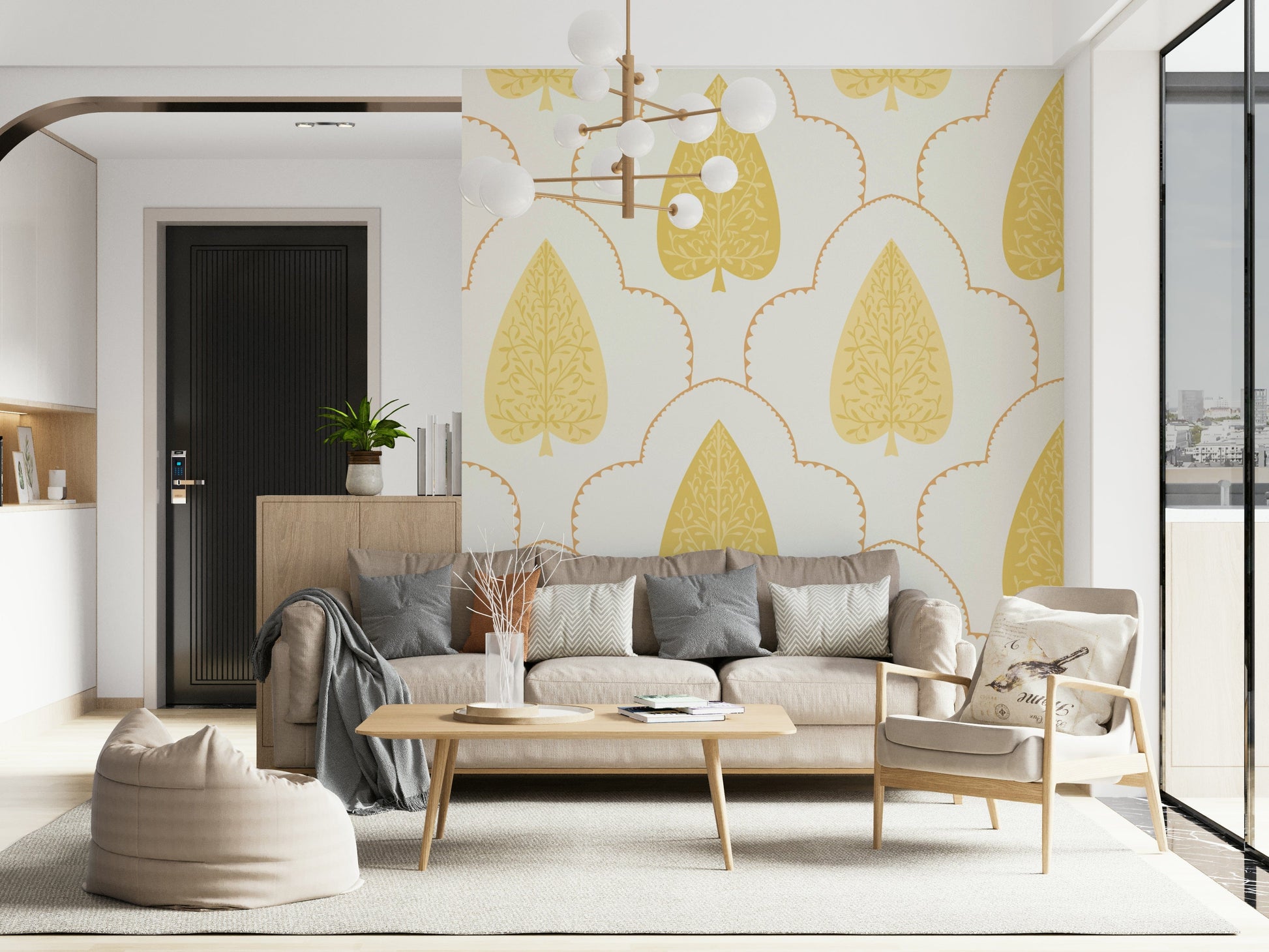 Formal yellow branch wallpaper, sophisticated repeating pattern, Golden Branch.
