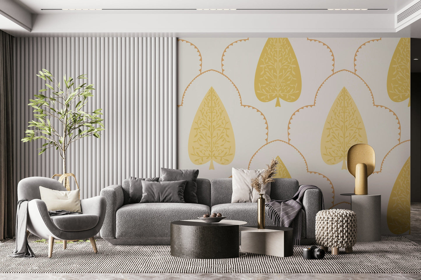 Rich botanical shield wallpaper, classic gold accent print, Golden Branch.