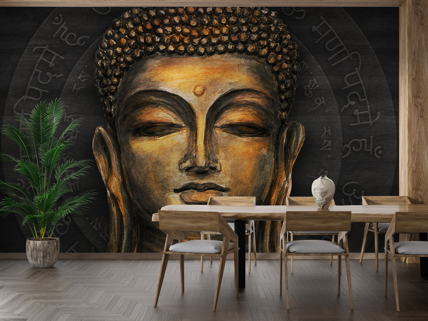 Golden Buddha Script Halo wallpaper mural with sacred script behind a wooden dining table and palm in a dining room