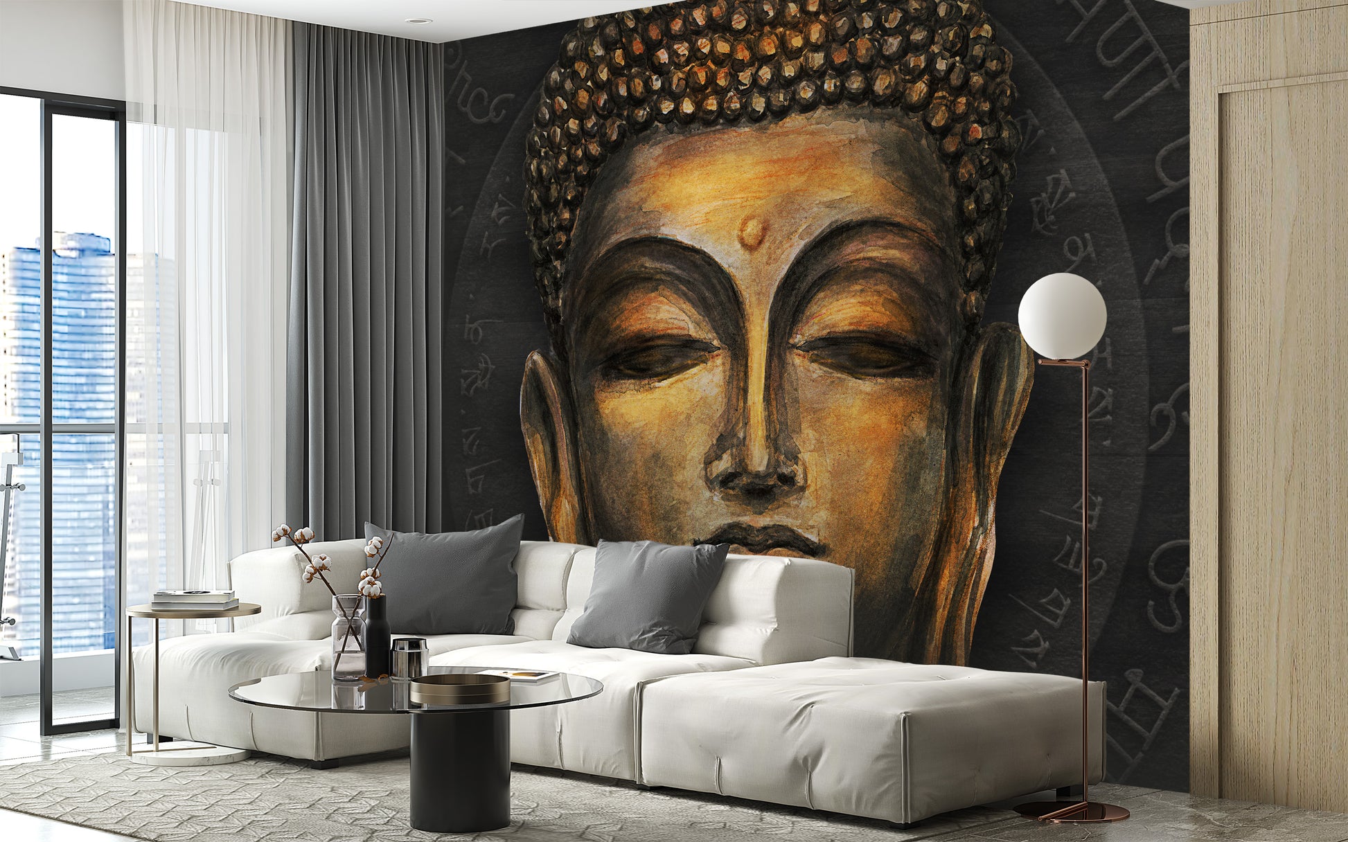 Golden Buddha Script Halo wallpaper mural on a dark wall above a white sofa with a globe floor lamp by a city window
