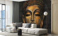 Golden Buddha Script Halo wallpaper mural on a dark wall above a white sofa with a globe floor lamp by a city window