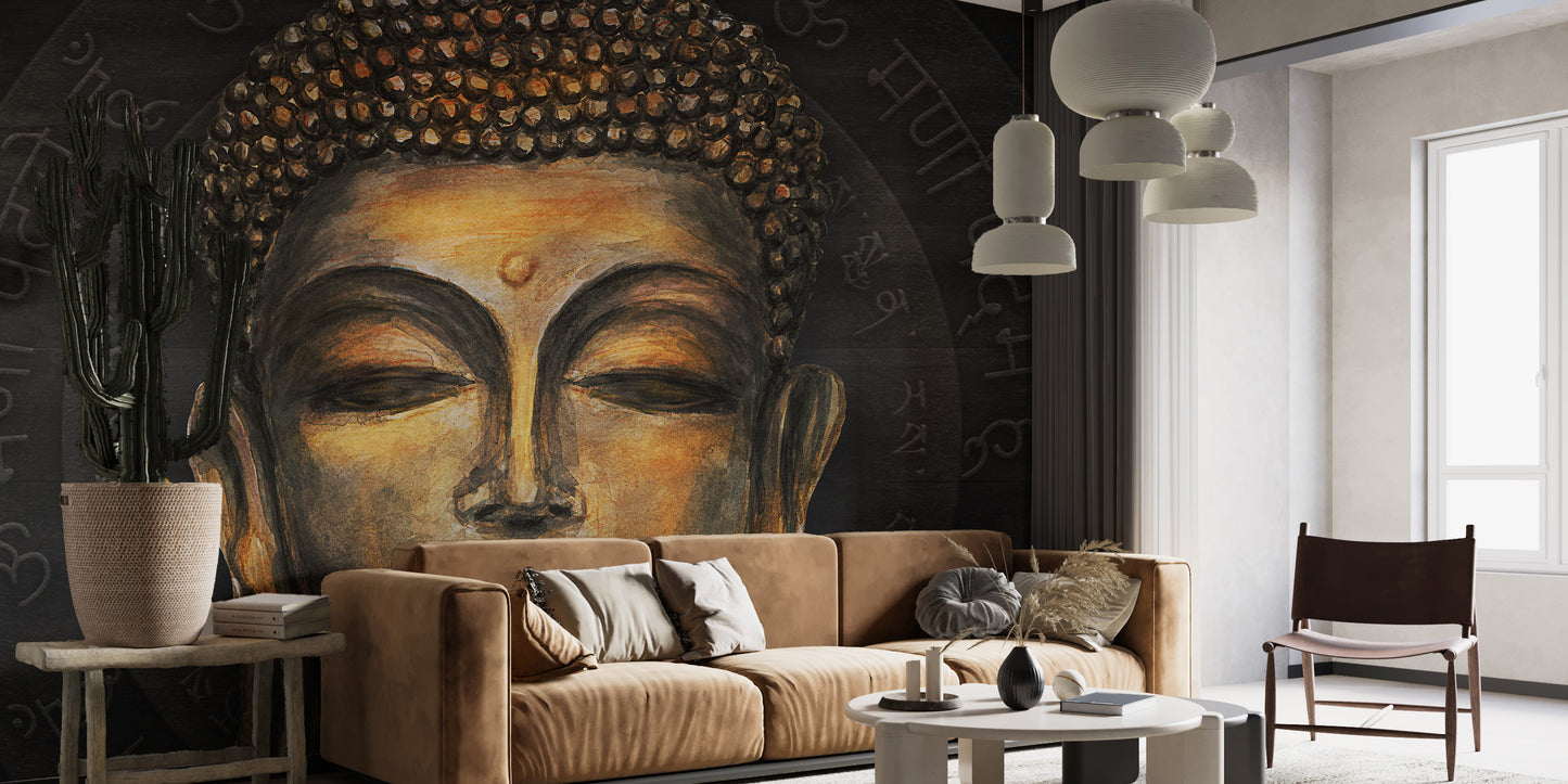 Golden Buddha Script Halo wallpaper mural with mantra script behind a tan velvet sofa and cactus in a living room