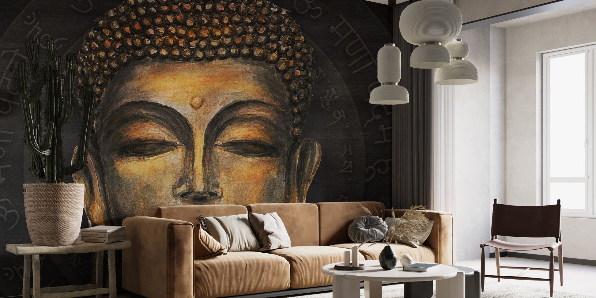 Golden Buddha Script Halo wallpaper mural with mantra script behind a tan velvet sofa and cactus in a living room