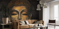 Golden Buddha Script Halo wallpaper mural with mantra script behind a tan velvet sofa and cactus in a living room