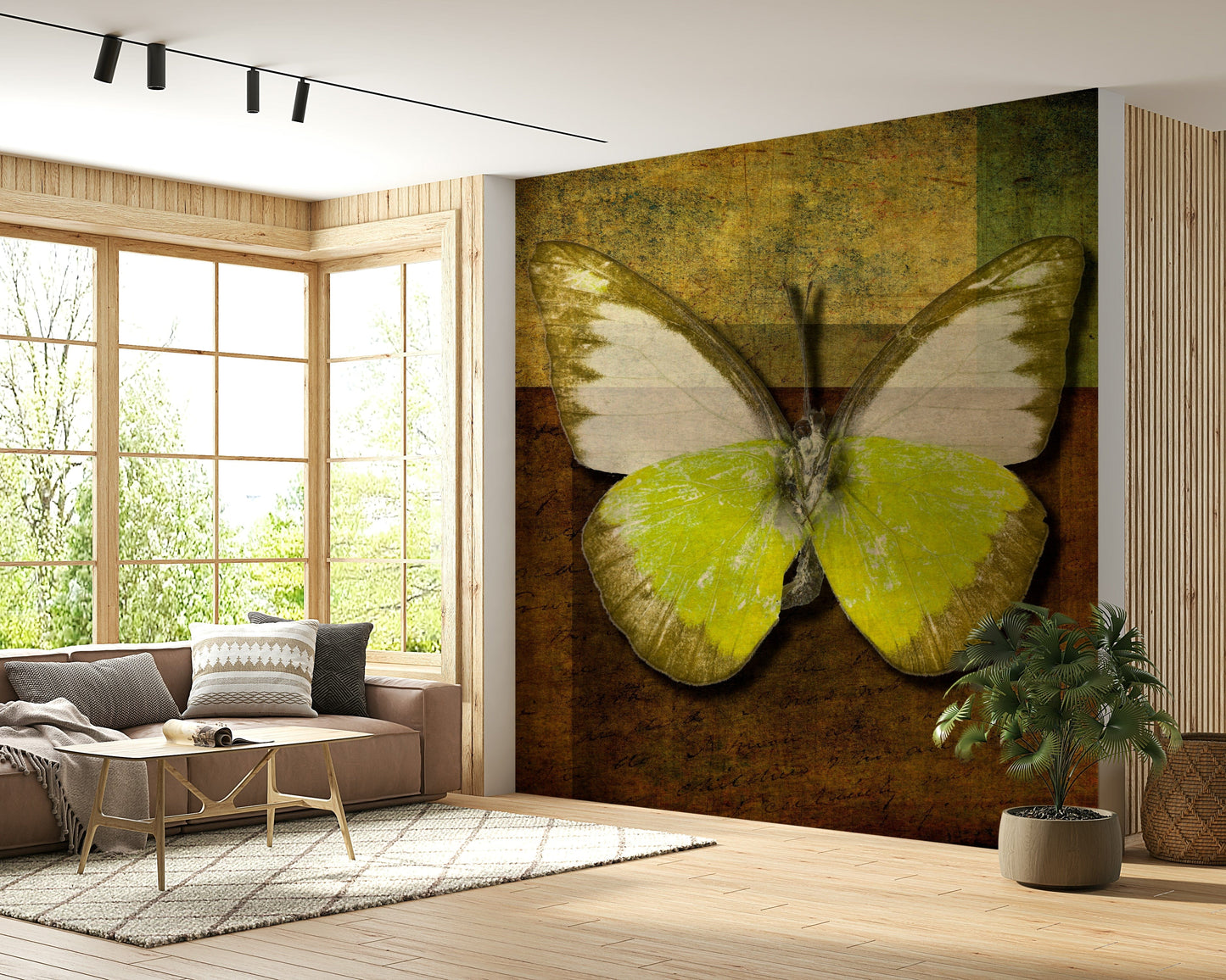 Earthy gold and lime butterfly wallpaper mural antique aged appearance.