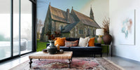 Gothic style church amidst Golden Daffodils wallpaper for walls offering vintage charm.