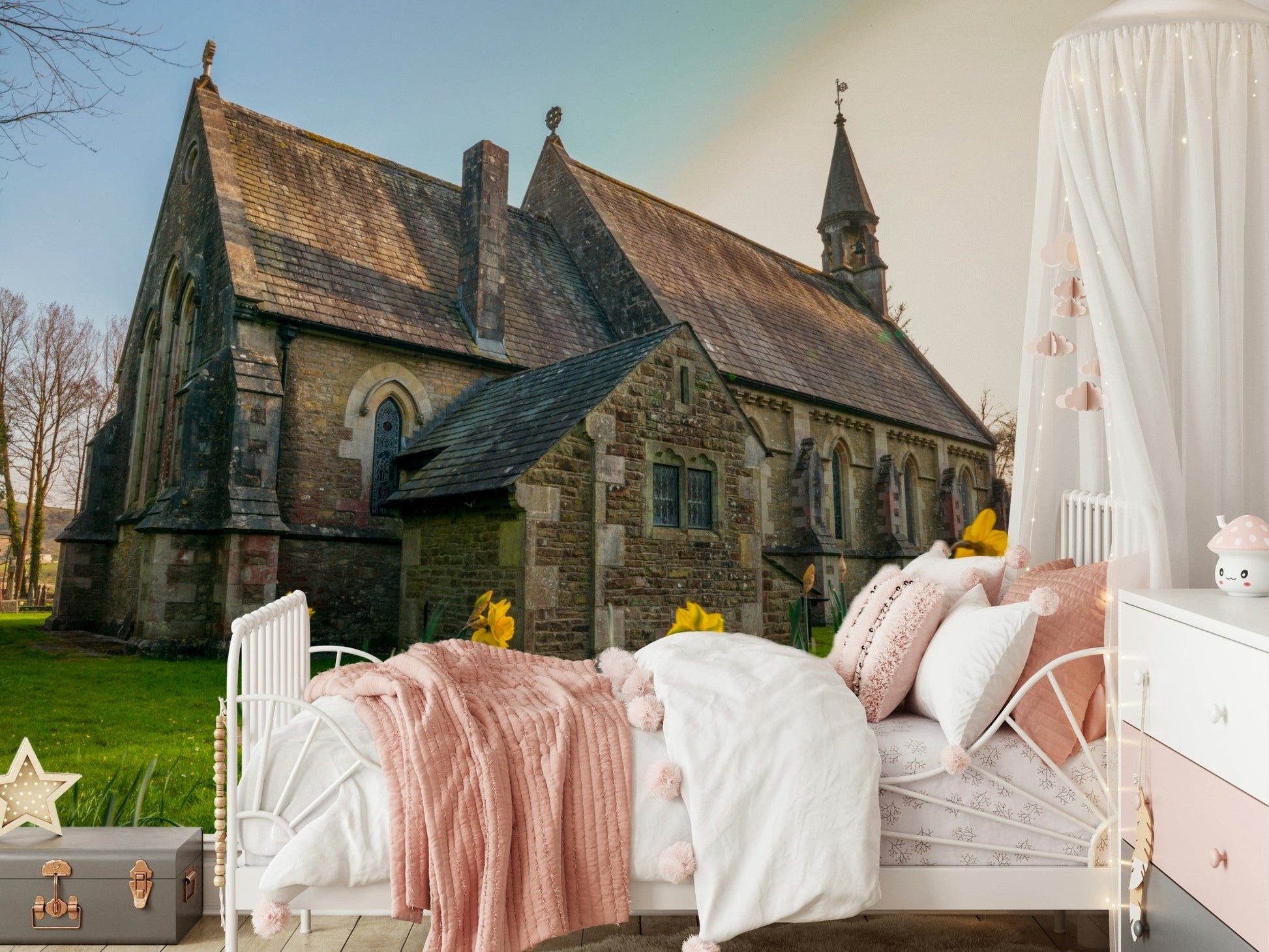 Cheerful blooming garden foreground on Golden Daffodils wallpaper against blue sky.