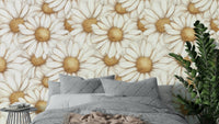Elegant floral wall mural with golden daisies and soft tones.

