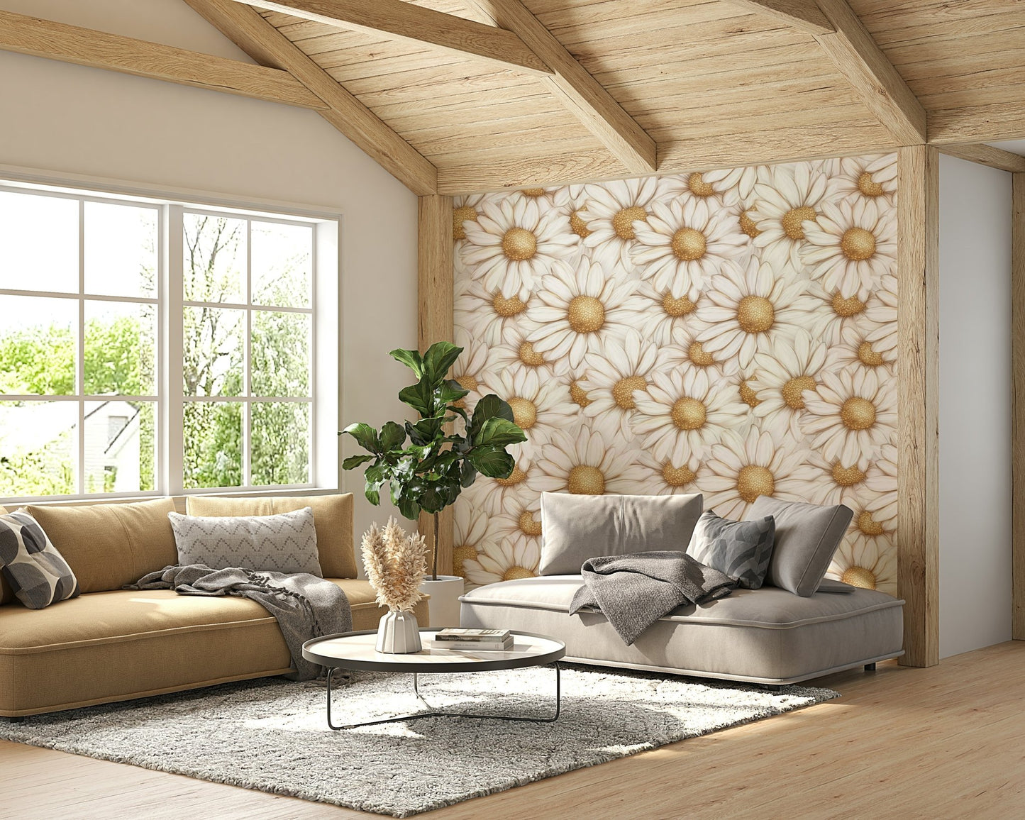 Golden daisy wallpaper mural for a graceful, serene room.

