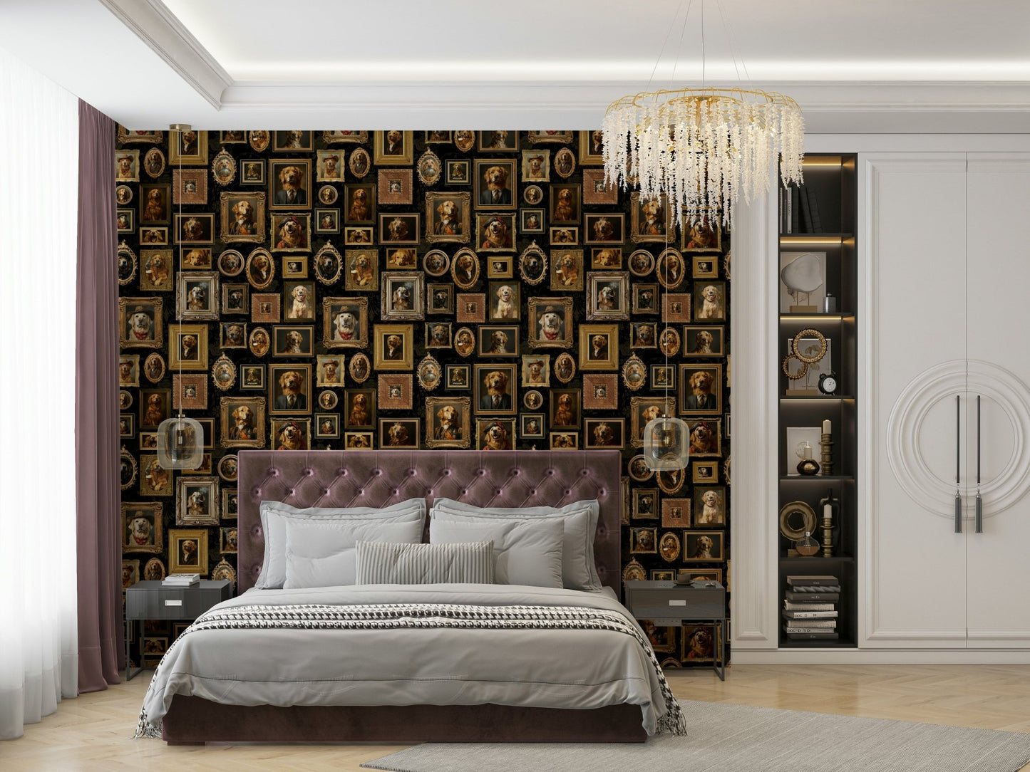 Wall mural showing a collection of artistic canine portraits.

