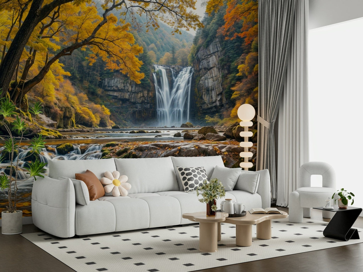 Golden Falls wallpaper mural of an autumn waterfall behind a white boucle sofa and bubble lamp in a living room