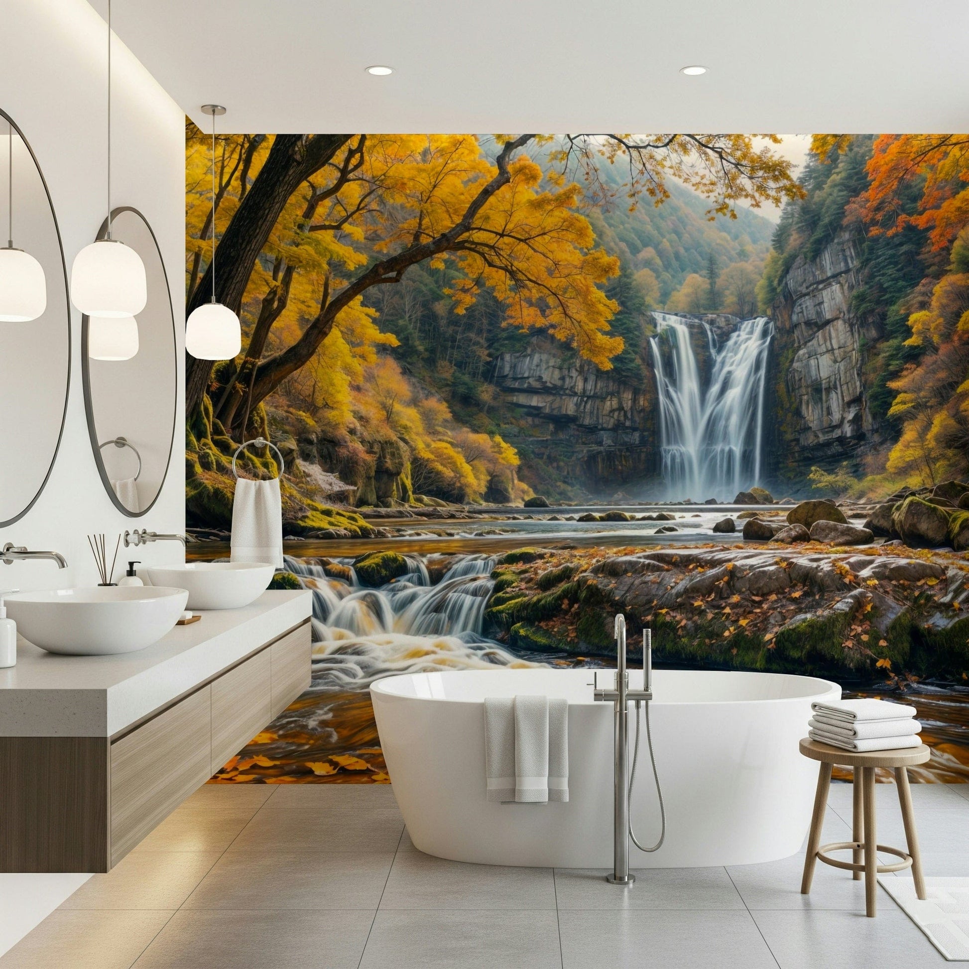 Golden Falls wallpaper mural of a waterfall and autumn forest behind a white freestanding tub in a bathroom