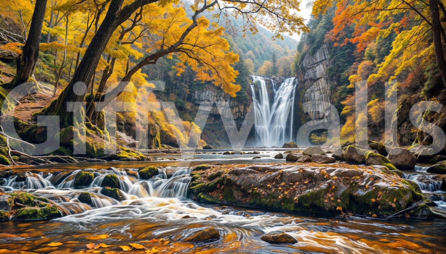 Golden Falls wallpaper mural shown as a full-wall scene of an autumn waterfall, gold foliage and a rocky river