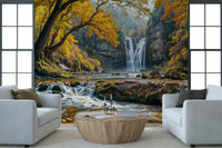 Golden Falls wallpaper mural of an autumn waterfall behind two white armchairs and a round wood table