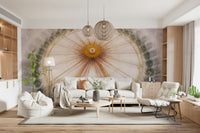 Golden Landscape Wall Mural – Dreamy mural featuring a bicycle resting amidst fields under a glowing sunset.