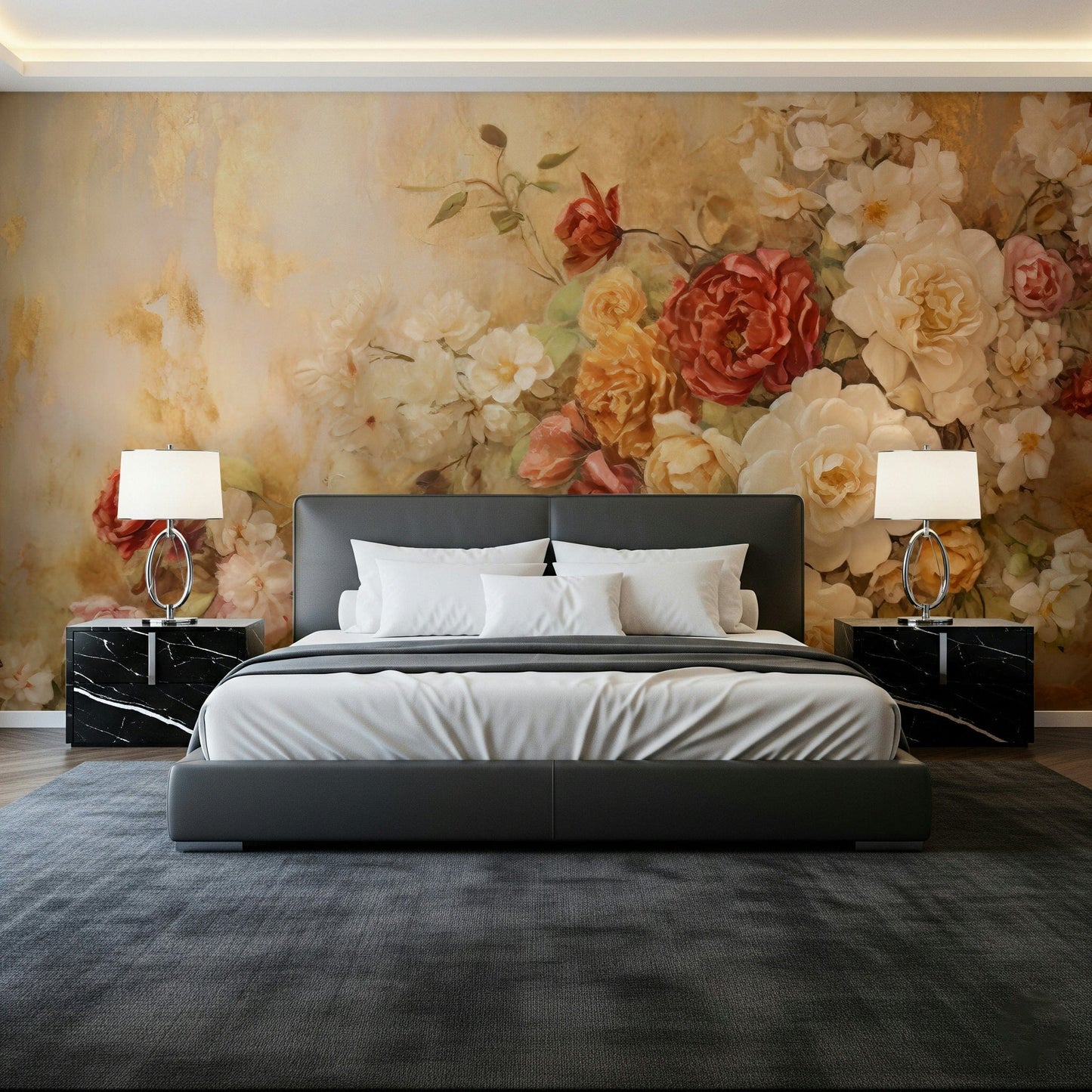 A serene subtle flower wall mural with metallic accents.


