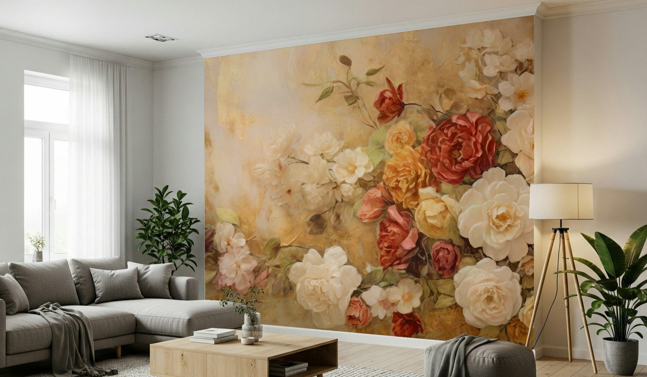 A beautiful gilded floral wallpaper mural for a modern home.

