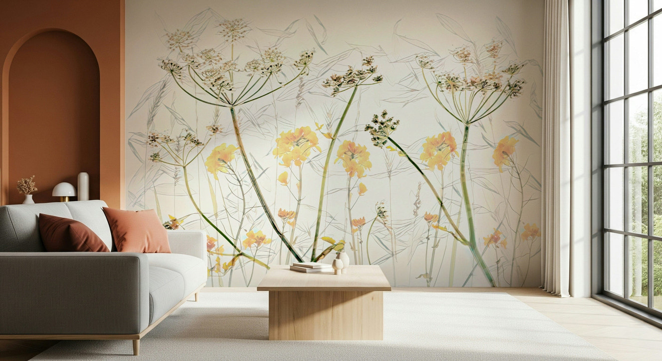 A beautiful golden floral wallpaper mural for a modern home.

