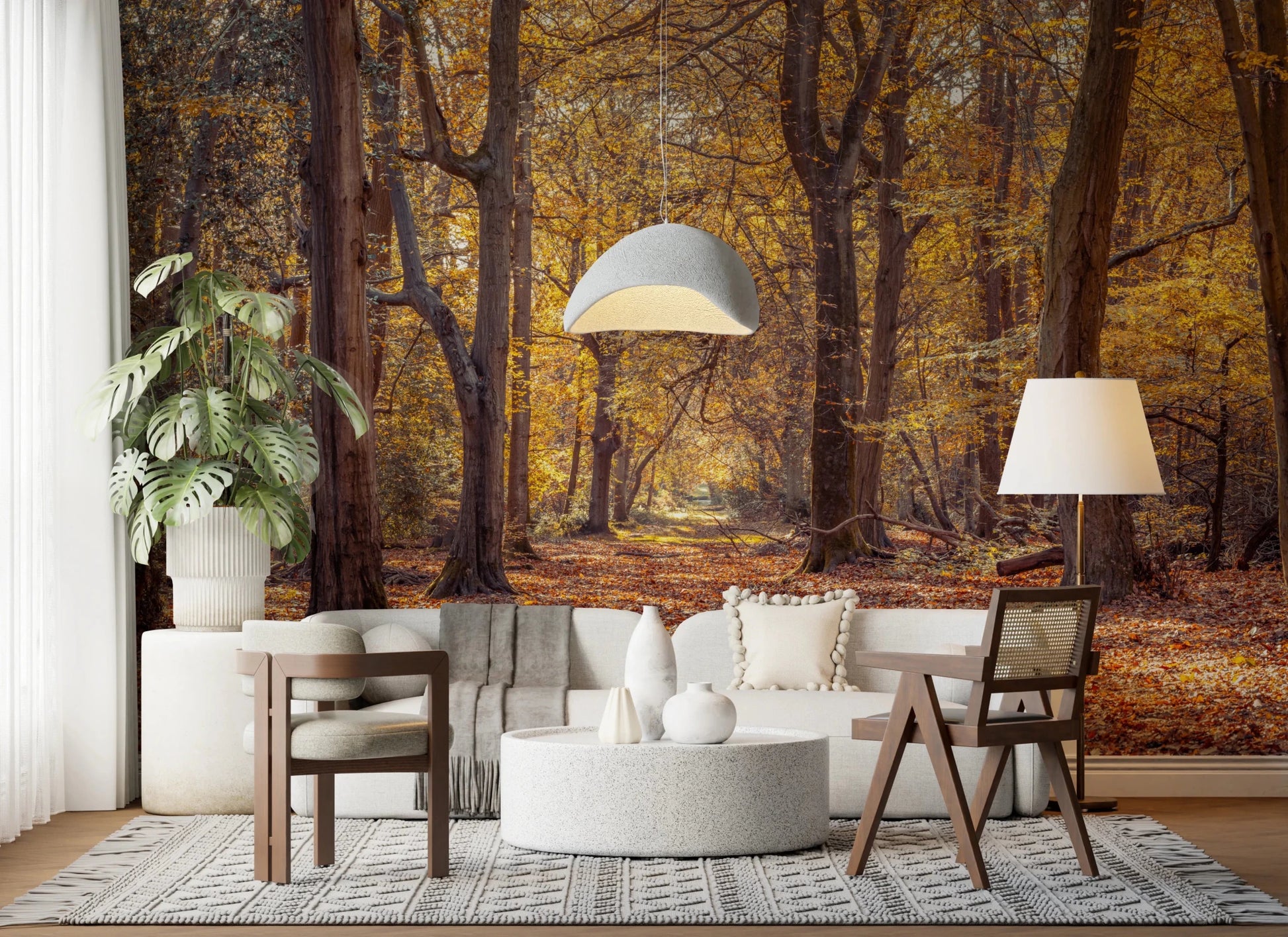 Detailed Golden Forest Scene Wall Mural with soft yellow lighting.