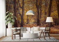 Detailed Golden Forest Scene Wall Mural with soft yellow lighting.