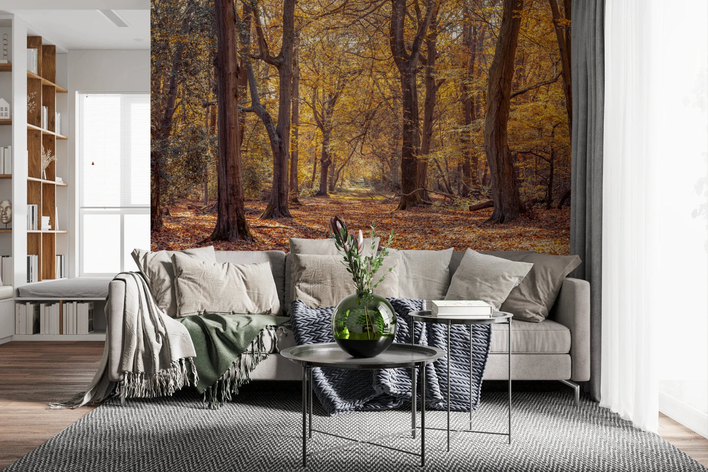 Artistic hallway Golden Forest Scene Wall Mural featuring birch tree patterns.