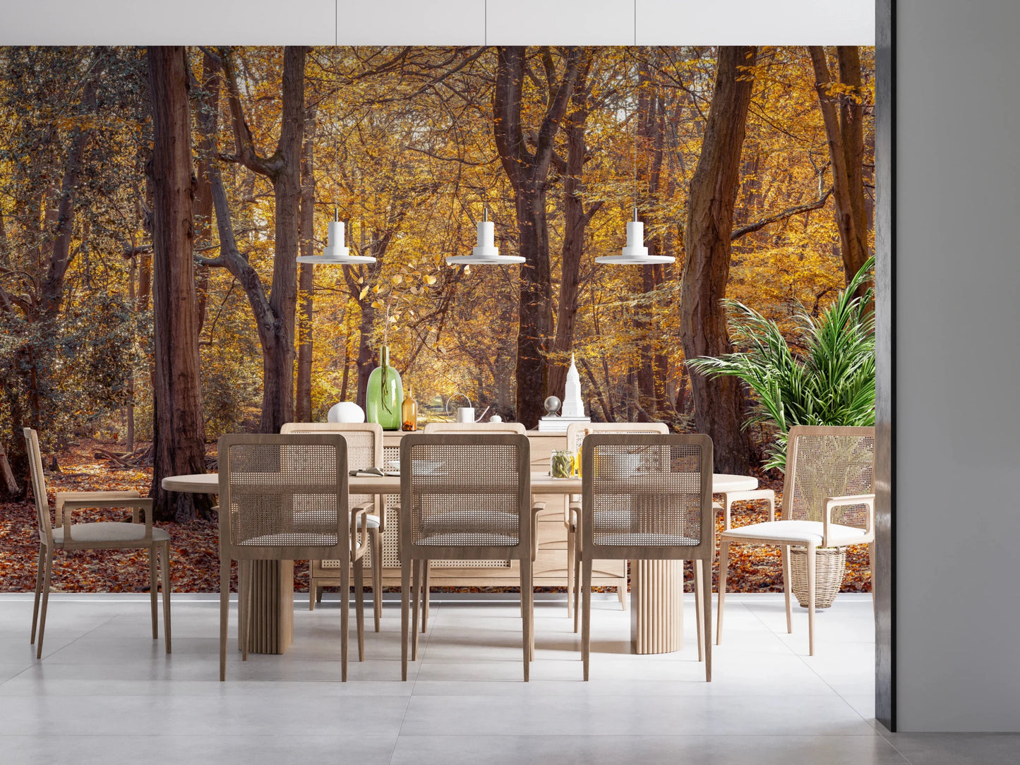 Modern dining area Golden Forest Scene Wall Mural showing a golden tree canopy.
