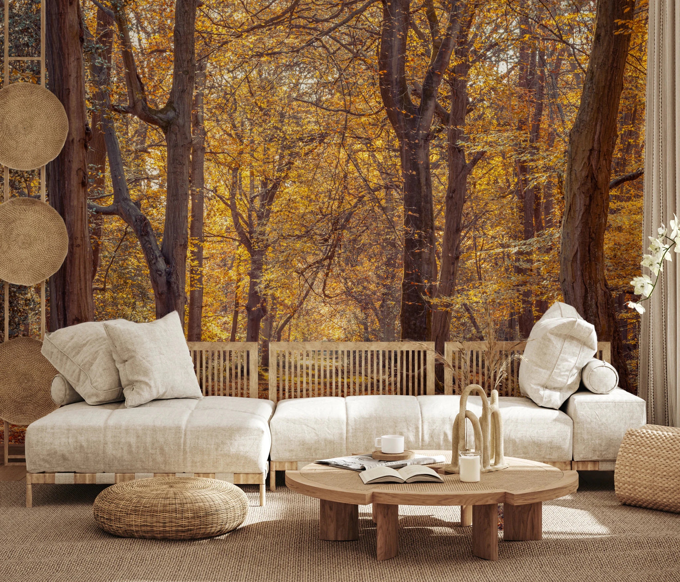 Golden Forest Scene for a living room Wall Mural with autumn leaves and sunlight.