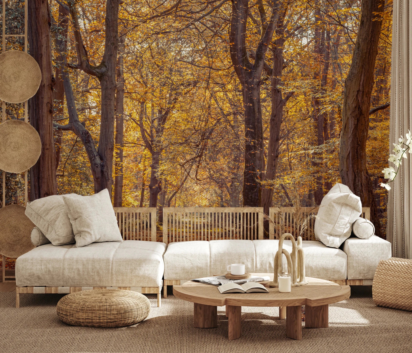 Golden Forest Scene for a living room Wall Mural with autumn leaves and sunlight.