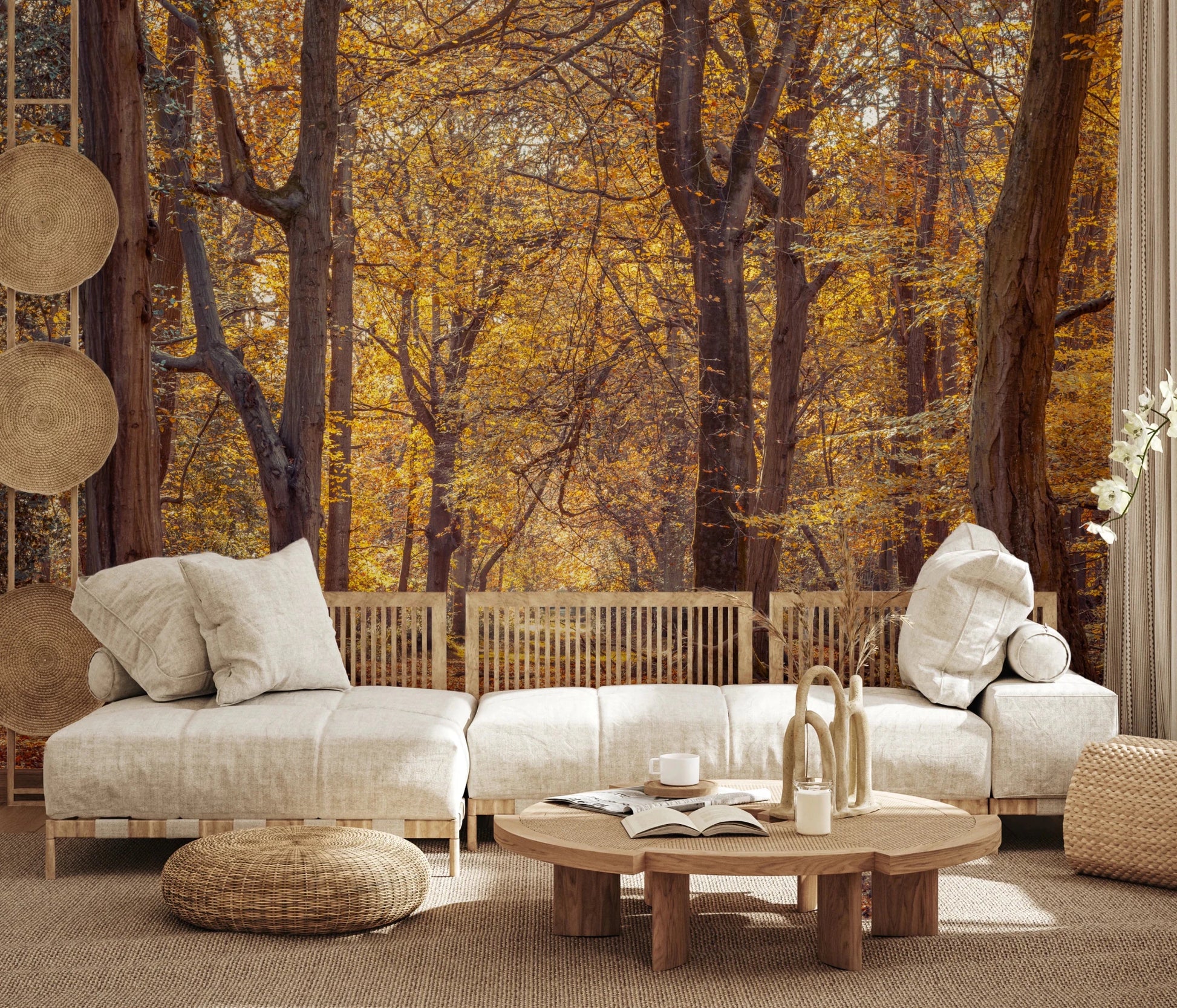 Golden Forest Scene for a living room Wall Mural with autumn leaves and sunlight.