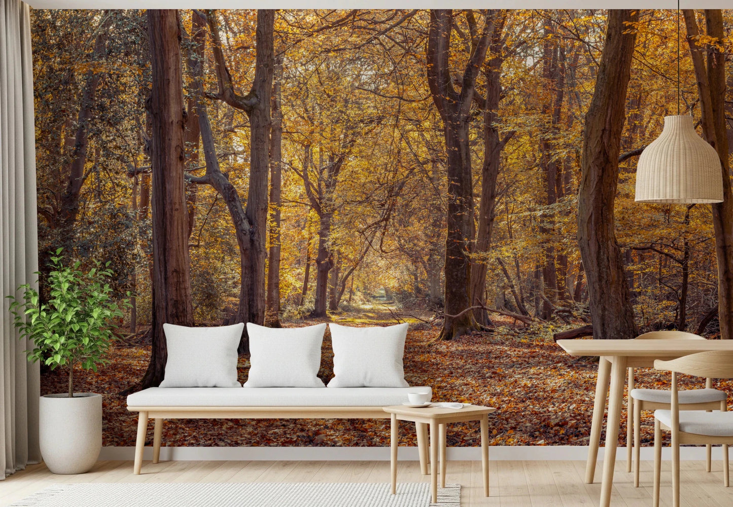 Premium Golden Forest Scene Wall Mural with textured gold accents.