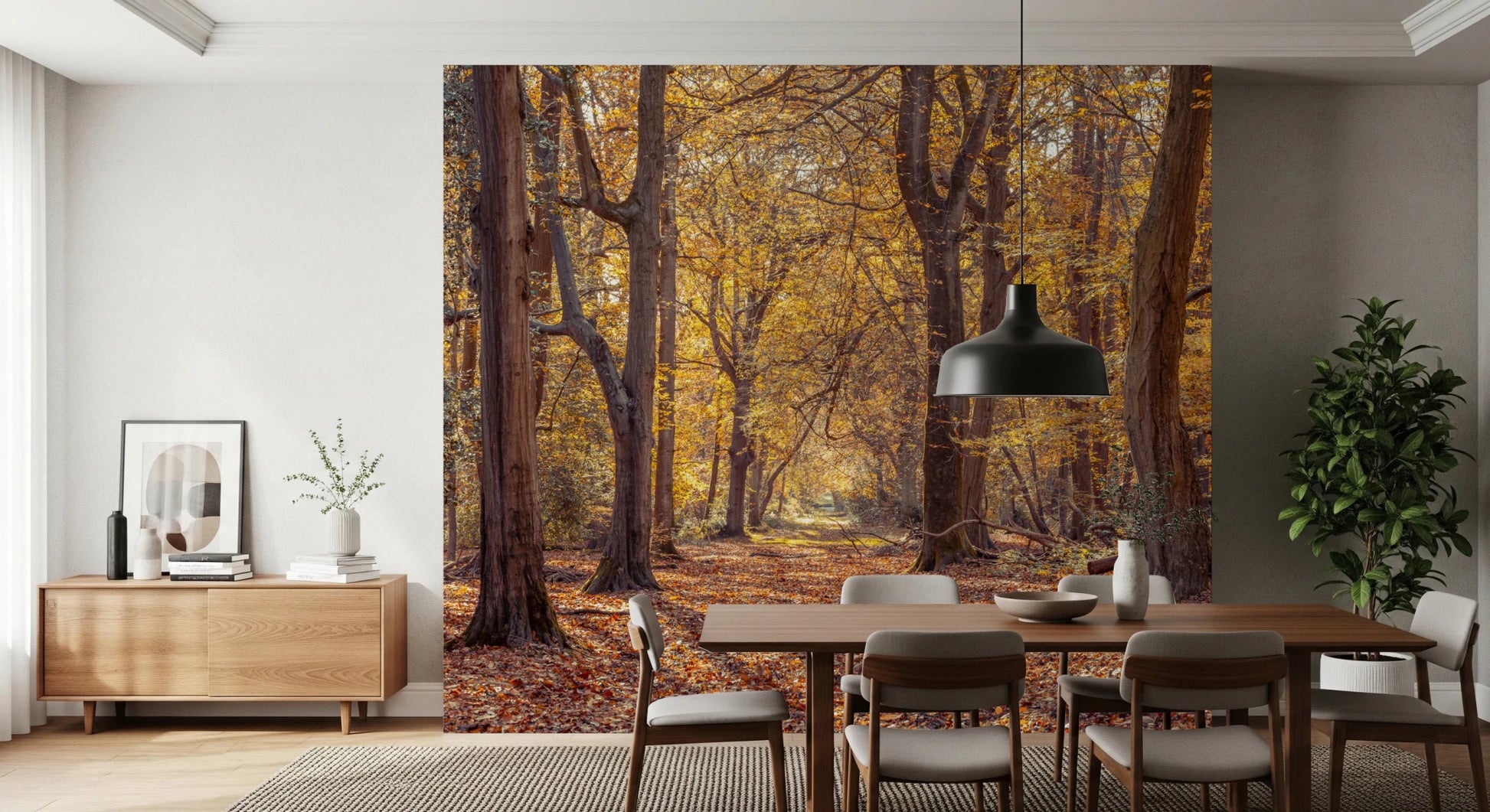 Abstract Golden Forest Scene dining room Wall Mural in warm autumn hues.
