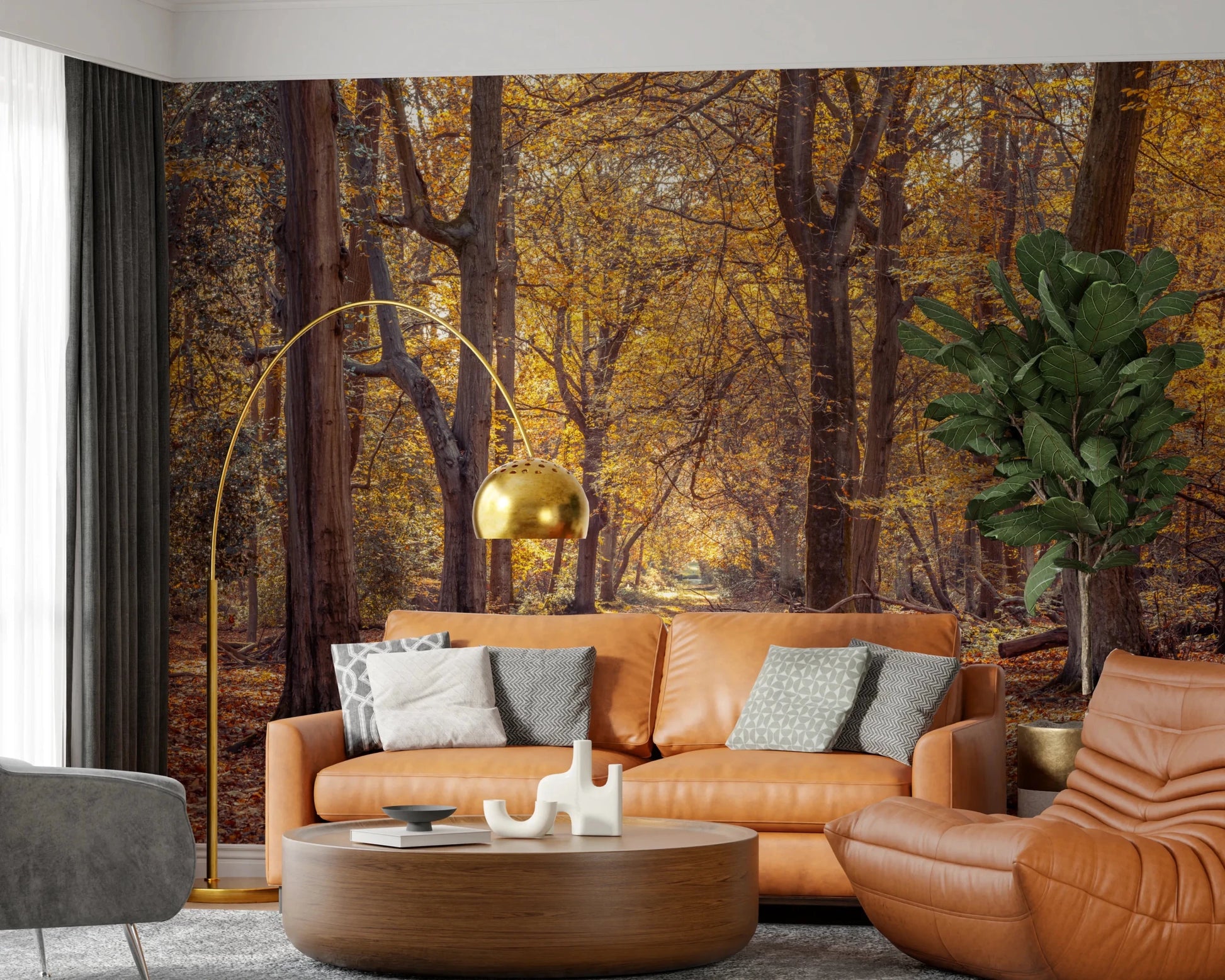 Elegant Golden Forest Scene office Wall Mural with dense tree silhouettes.