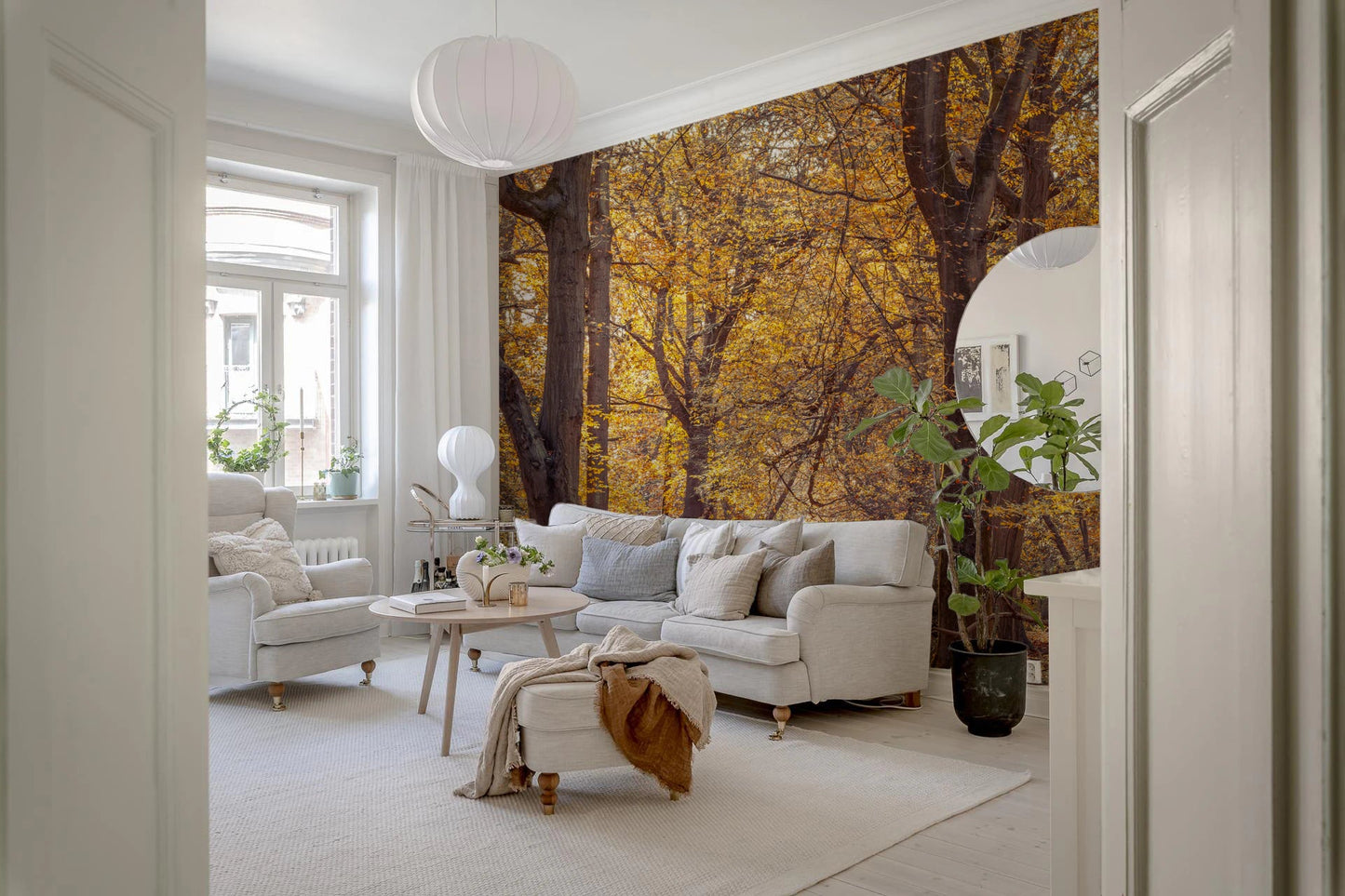 Nature inspired Golden Forest Scene Wall Mural for a serene ambiance.