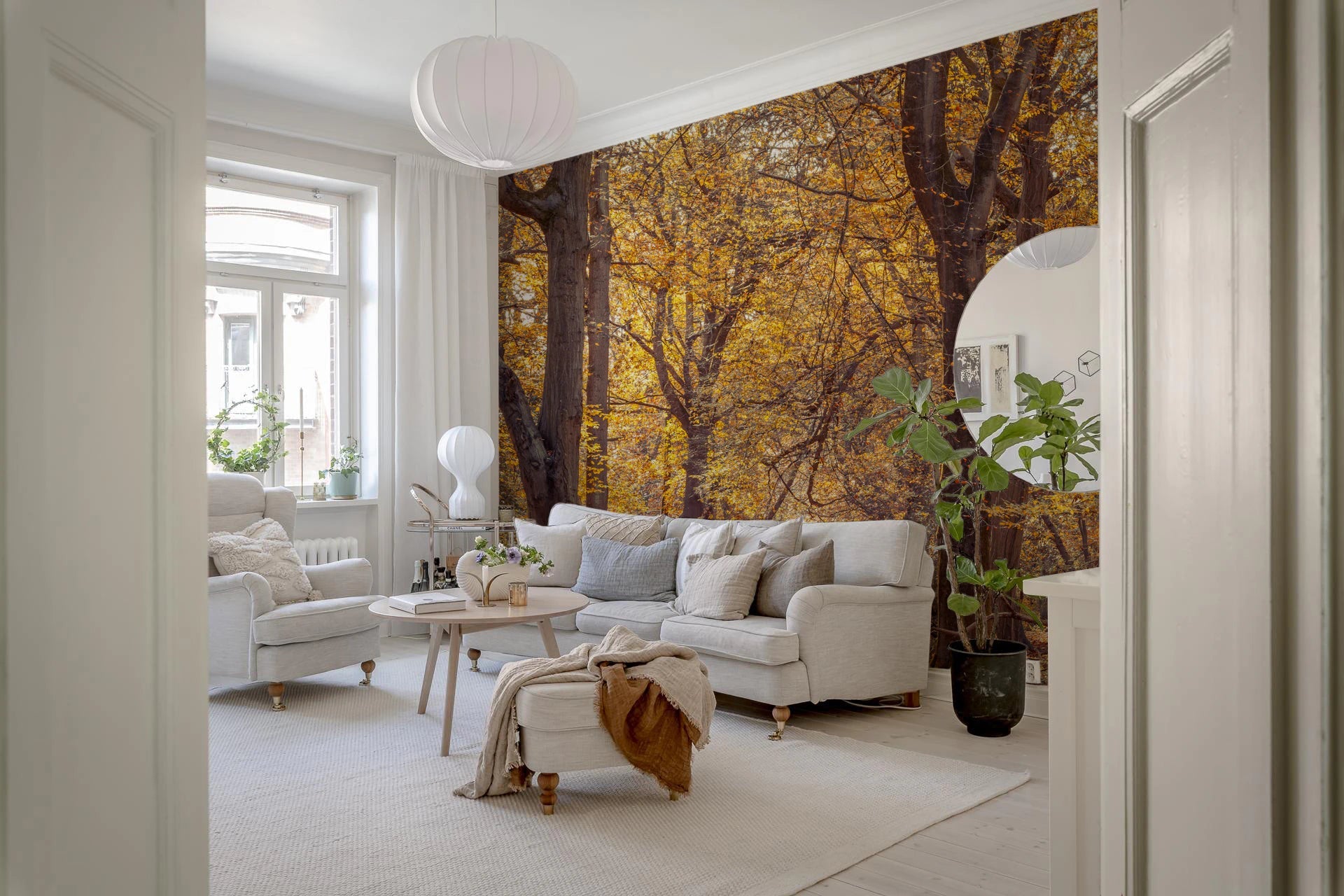 Nature inspired Golden Forest Scene Wall Mural for a serene ambiance.