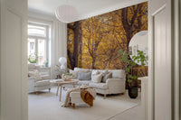 Nature inspired Golden Forest Scene Wall Mural for a serene ambiance.