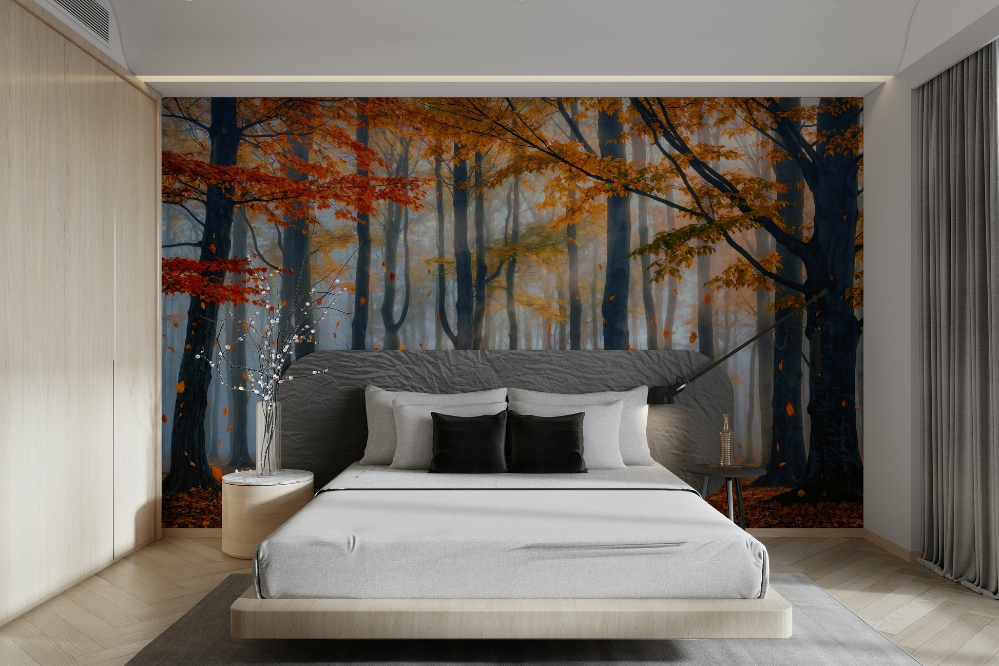 The image shows a peaceful forest with trees and light.

