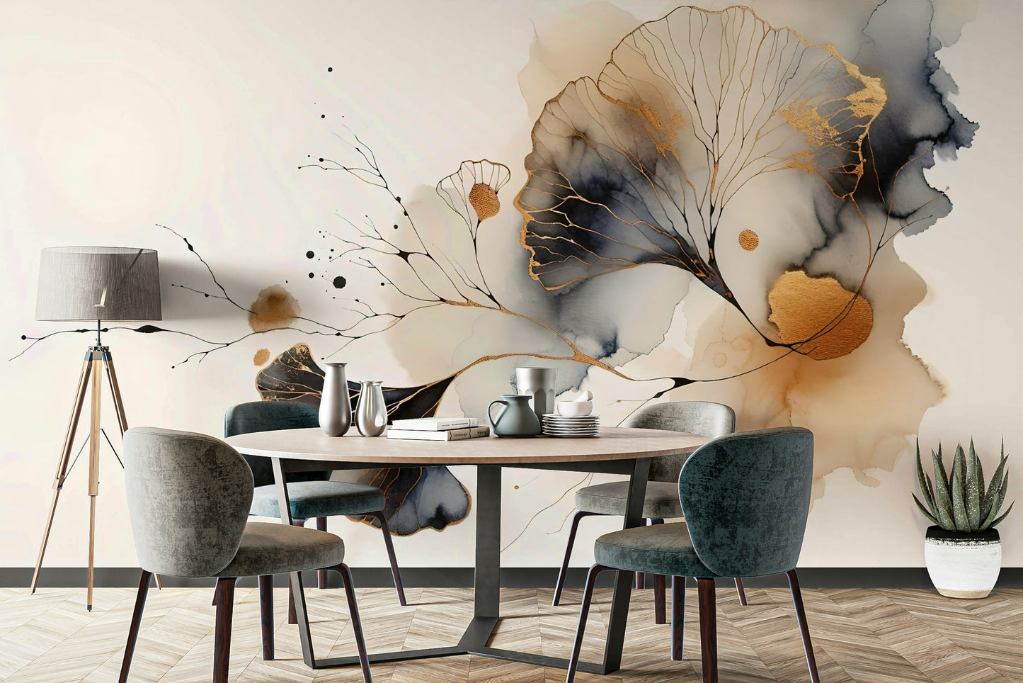 Bedroom headboard feature wall mural, ginkgo leaves in muted gold color