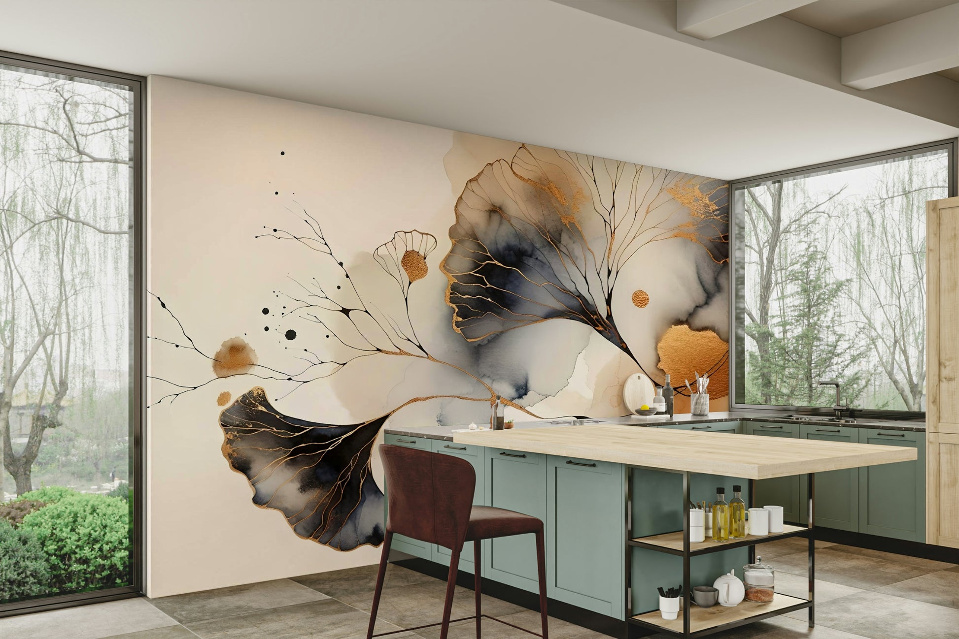 Golden Ginkgo Luxe Wall Mural behind sofa, living room feature wall decor