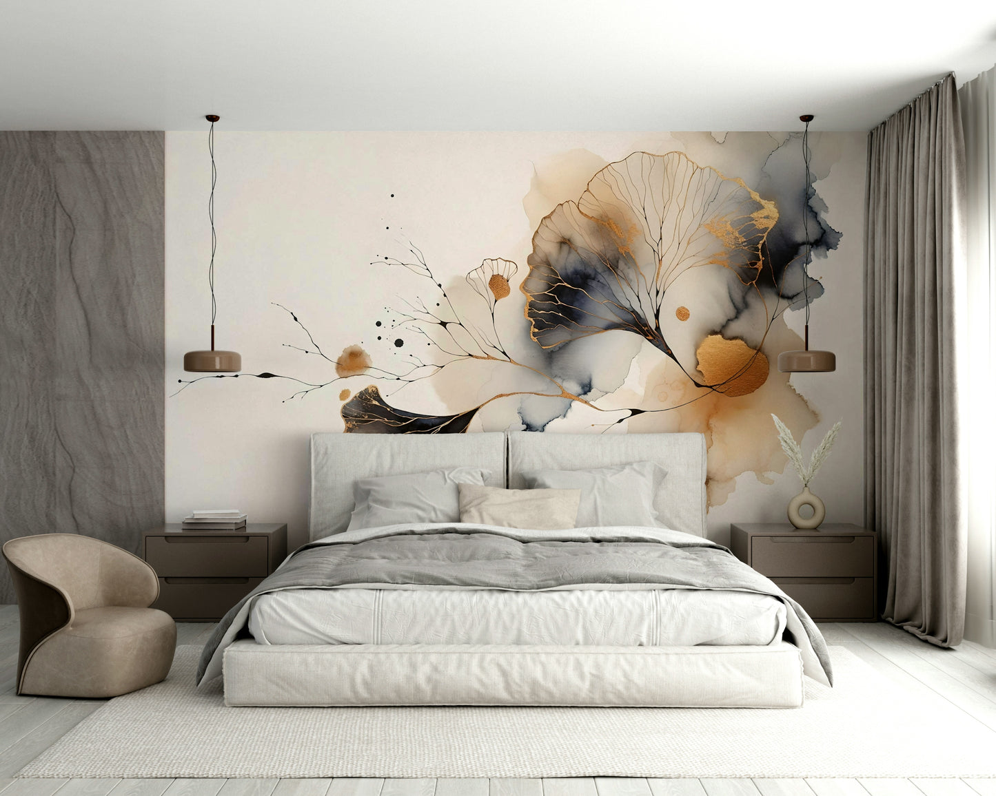 Home office accent wall mural, modern ginkgo style with warm neutrals