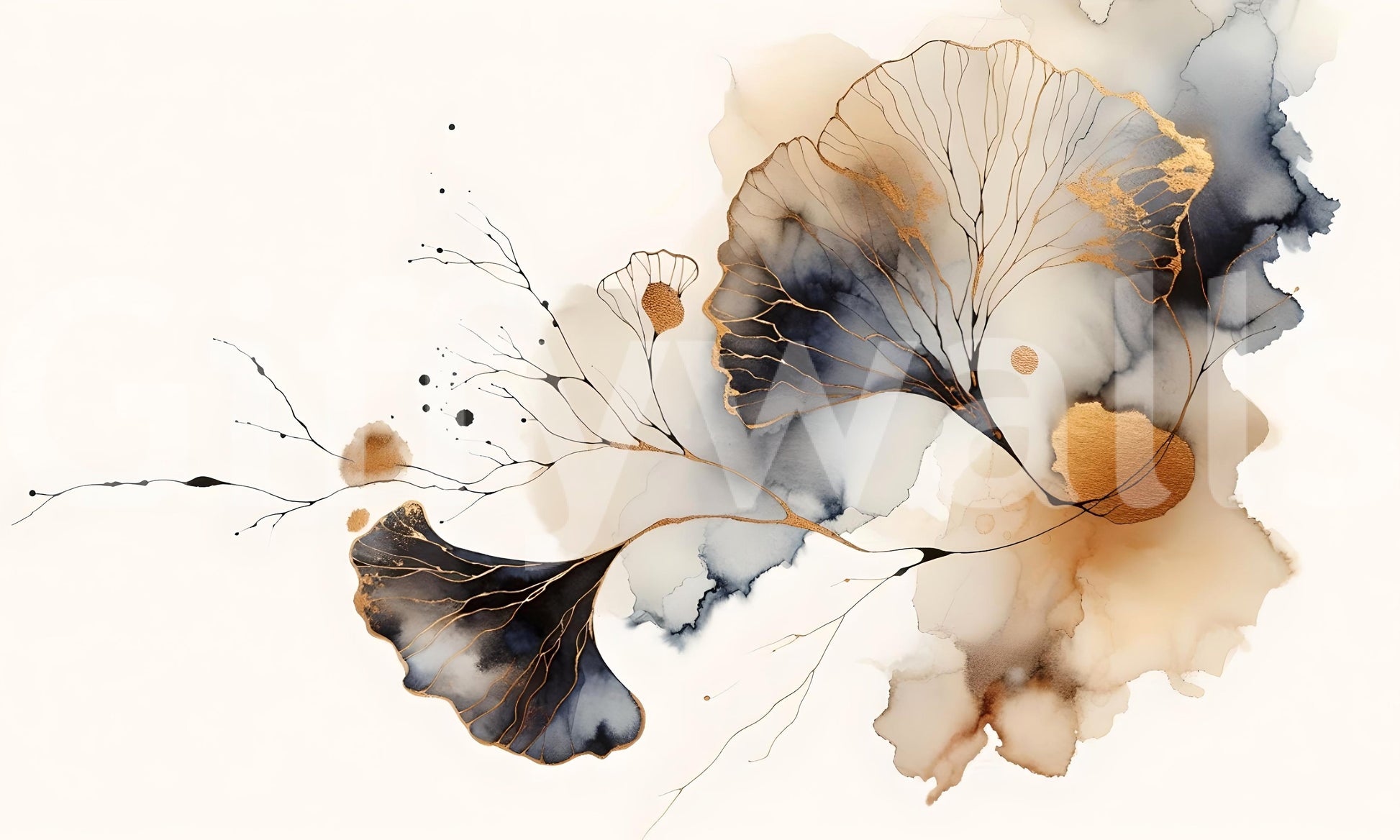 Dining room accent wall mural, ginkgo botanical design in gold and cream