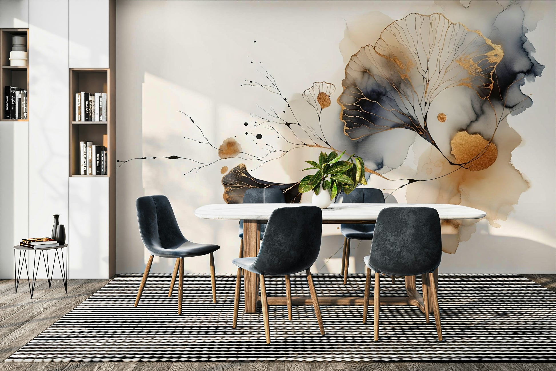 Entryway accent wall mural, ginkgo leaf design with soft metallic color