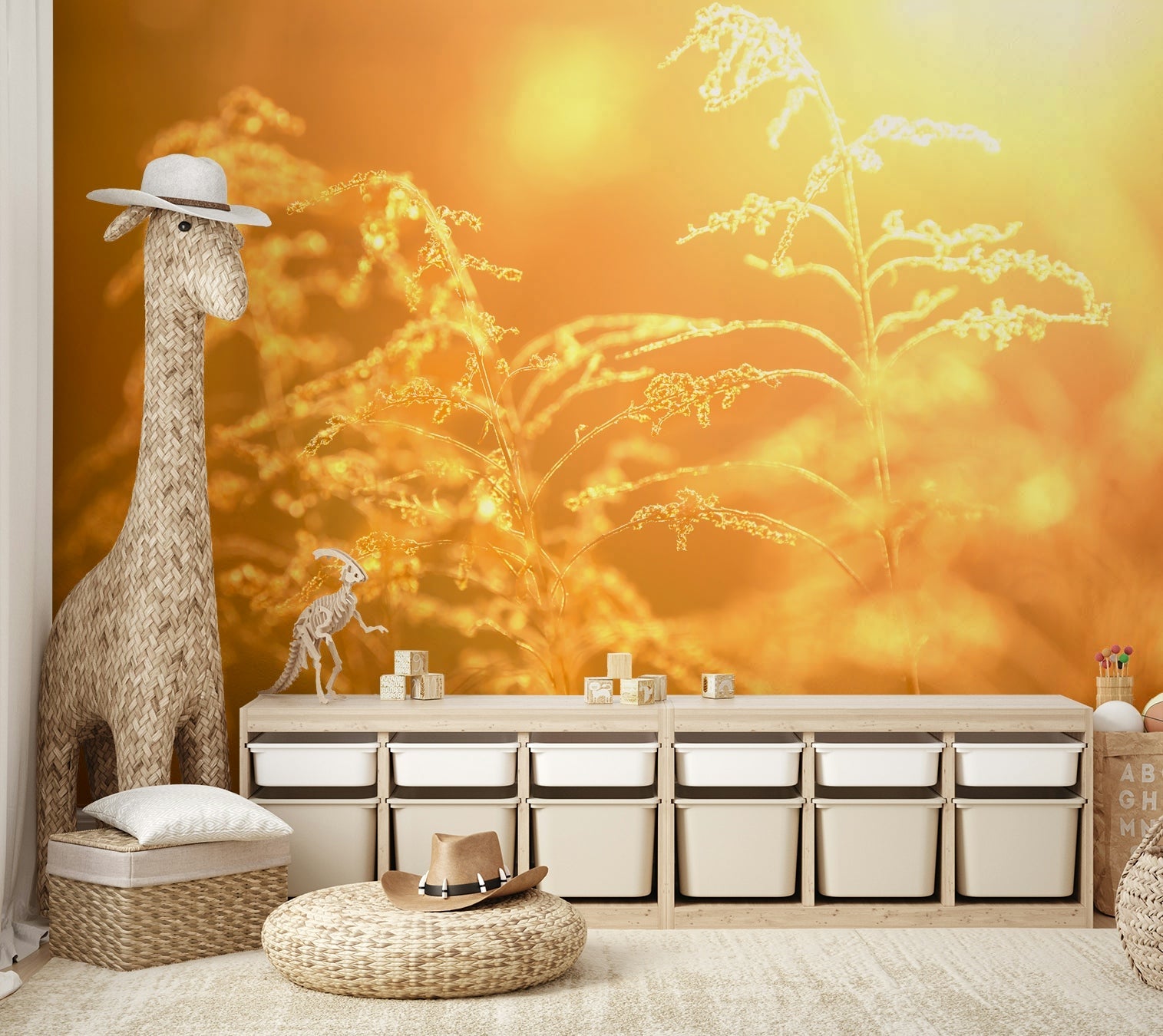 Close-up of grass bathed in golden sunlight.

