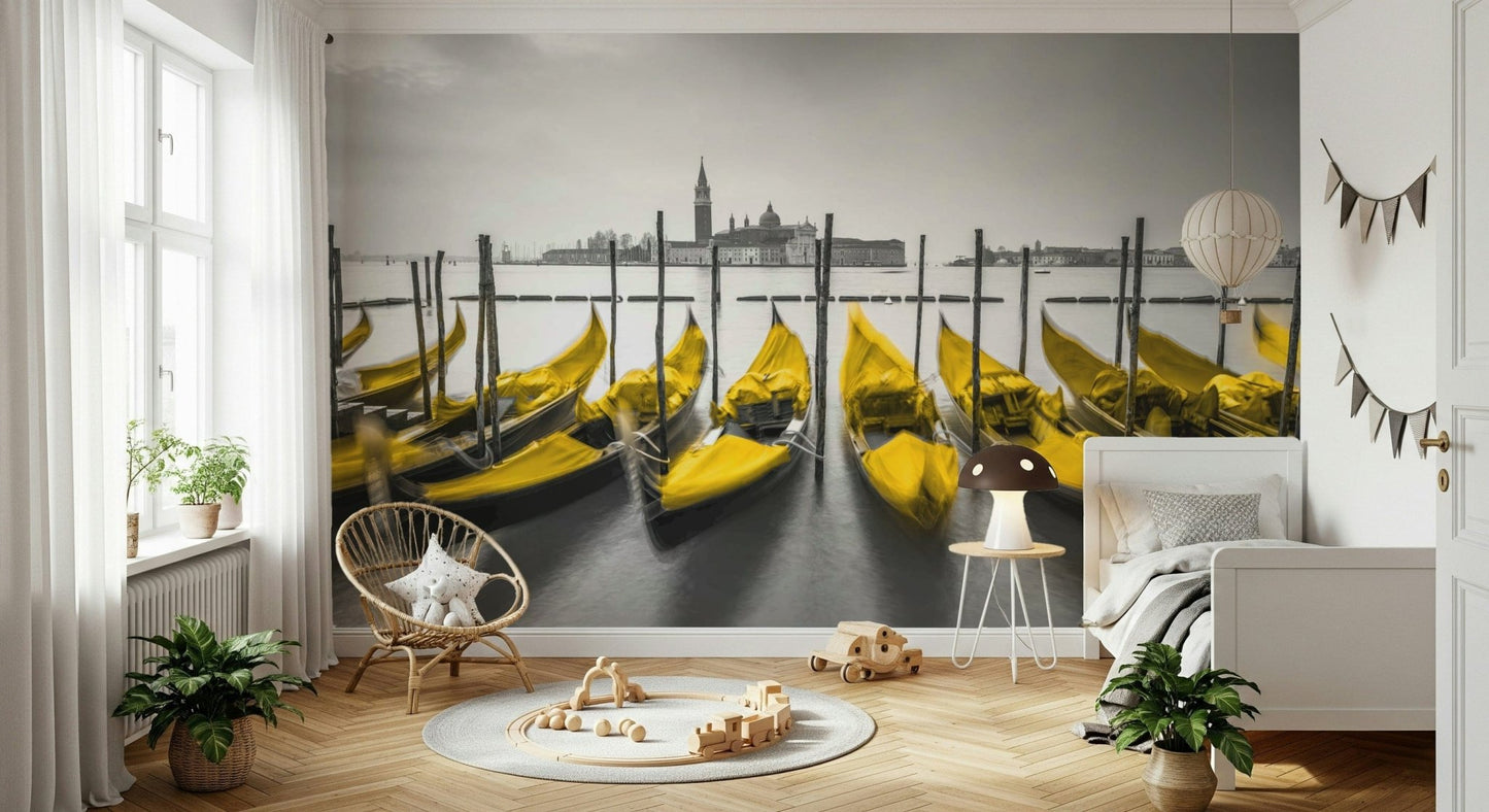 Golden Gondolas accent wallpaper, bold color pop, moored vessels.