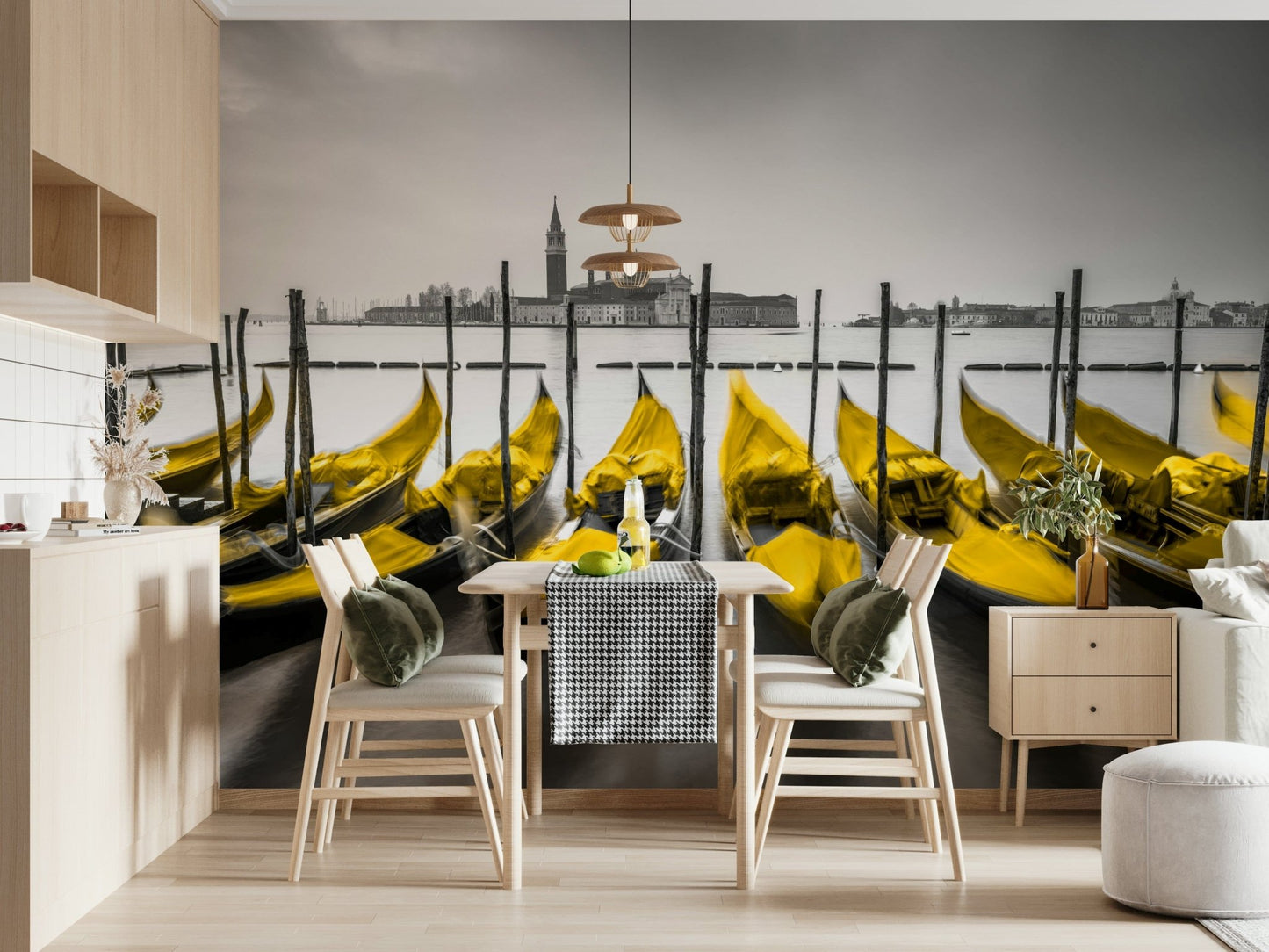 Modern wall mural, intense yellow canopies, Italian harbor scene, Venice in Contrast.