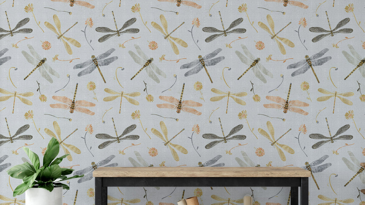 Dragonfly Damselfly Golden Gray wallpaper close-up showing golden and grey dragonflies above a wood console
