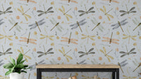 Dragonfly Damselfly Golden Gray wallpaper close-up showing golden and grey dragonflies above a wood console